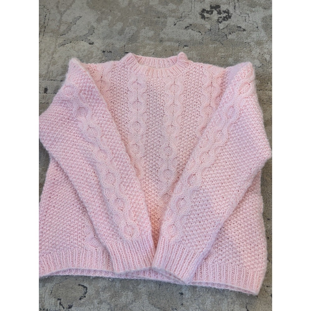 Vintage Pink Pastel Hand Knit Cable Chunky Sweater Sz M Acrylic 80s By Grandma